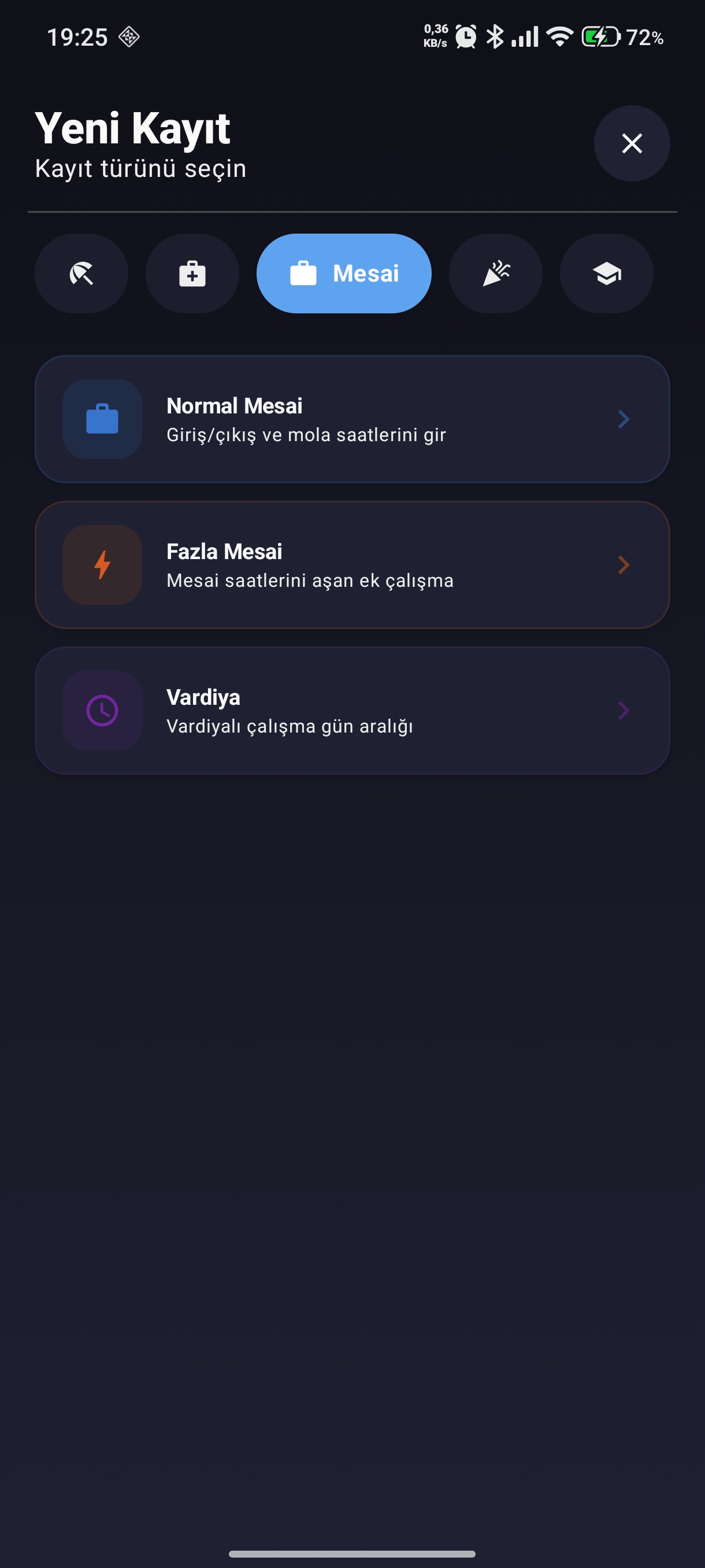 Mesai kayıt türleri